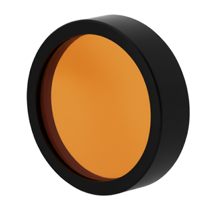 Round orange filter with black rim on a white background