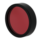 Round red object with black rim on a white background