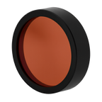 Round makeup compact with brown shade and black rim on a white background