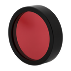 Round red object with black rim on a white background