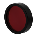 Round red object with black rim on a white background