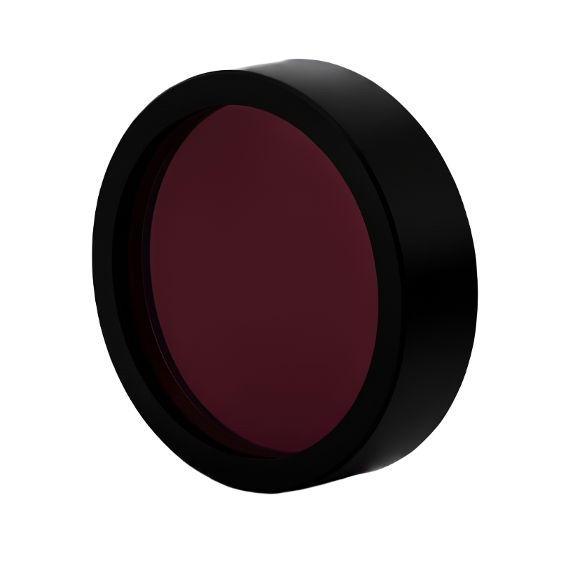 Round filter with red center and black rim on a white background