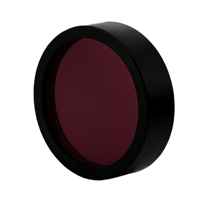Round filter with red center and black rim on a white background