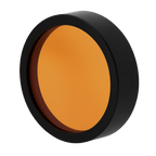 Round orange filter with black rim on a white background