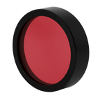 Red circular object with black rim on a white background