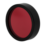 Round red object with black rim on a white background