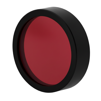 Round red object with black rim on a white background