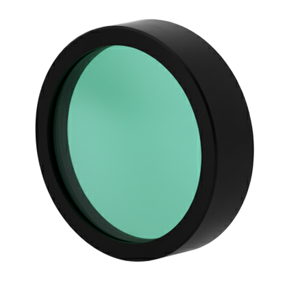 Round green filter with black rim on a white background