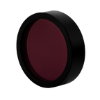Round filter with red center and black rim on a white background