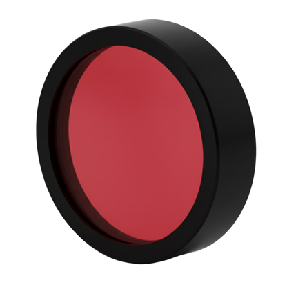 Red circular object with black rim on a white background
