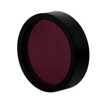 Round dark red filter with black rim on a white background