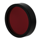 Round red object with black rim on a white background